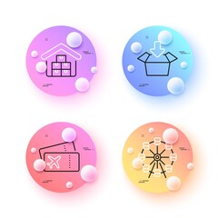 Wholesale goods, Get box and Ferris wheel minimal line icons. 3d spheres or balls buttons. Boarding pass icons. For web, application, printing. Vector