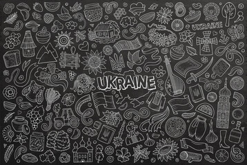 Doodle cartoon set of Ukraine objects and symbols