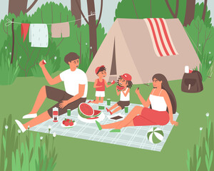 The family is resting in the forest in nature near their tent and eating fruits. Happy man, woman and children are relaxing together in privacy.  Flat vector illustration.