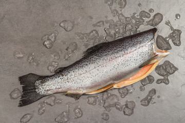 Raw trout carcass with ice on a grey stone concrete background. Sea fish, healthy food