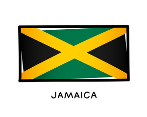 Flag of Jamaica. Colorful Jamaican flag logo. Green, black and yellow hand-drawn brush strokes. Black outline. Vector illustration