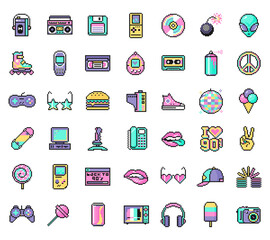 Set of 90s and Y2k icons in pixel art design isolated on white background
