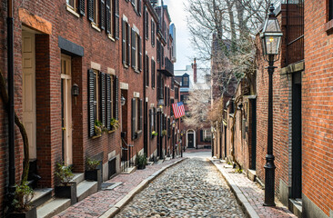 Iconic Acorn Street in Downtown Boston in the Autumn - Boston, Massachusetts, USA