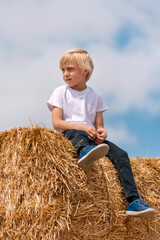 Naklejka na ściany i meble Portrait of fair-haired boy on the haystack against the blue sky and clouds. Summer weekend in the village.