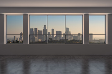 Downtown Los Angeles City Skyline Buildings from High Rise Window. Beautiful Expensive Real Estate overlooking. Epmty room Interior Skyscrapers View Cityscape. Sunset California. 3d rendering.