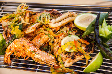 Food Photography art shots, Egyptian Oriental Barbequed Sea food, Photo is selective focus with shallow depth of field. Shot taken at Cairo Egypt