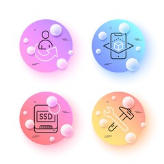 Spanner tool, Augmented reality and Share minimal line icons. 3d spheres or balls buttons. Recovery ssd icons. For web, application, printing. Repair, Phone simulation, Referral person. Vector