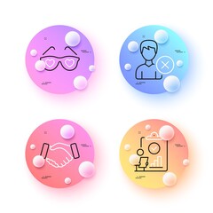 Remove account, Love glasses and Inspect minimal line icons. 3d spheres or balls buttons. Handshake icons. For web, application, printing. Delete user, Spectacles with hearts, Research report. Vector