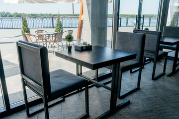 Modern interior in cafe, white and gray colors.