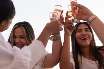 Group of Hispanic friends toasting with their wine glasses outdoors.