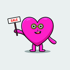 Cute cartoon lovely heart character holding sale sign designs in concept 3d cartoon style