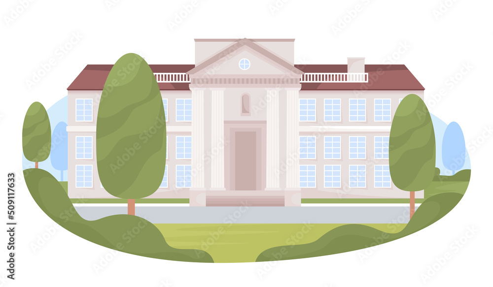 Aufkleber building of college 2d vector isolated illustration. antique university building flat object on cart