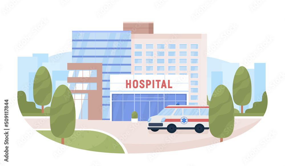 Canvas Prints hospital building and ambulance 2d vector isolated illustration. medical service. flat cityscape on 