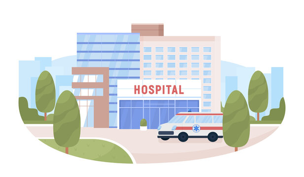 Hospital building and ambulance 2D vector isolated illustration. Medical service. Flat cityscape on cartoon background. Colourful editable scene for mobile, website, presentation. Akrobat font used