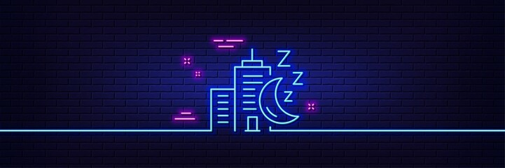 Neon light glow effect. Night city line icon. Skyscraper sleep sign. Building with moon symbol. 3d line neon glow icon. Brick wall banner. Night city outline. Vector