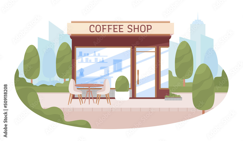 Aufkleber coffee shop kiosk with empty table 2d vector isolated illustration. empty flat cityscape on cartoon 
