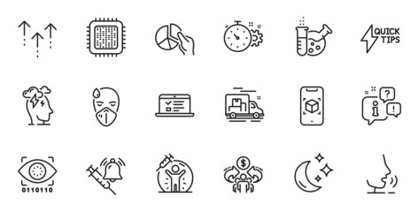 Outline set of Quickstart guide, Sick man and Cogwheel timer line icons for web application. Talk, information, delivery truck outline icon. Vector