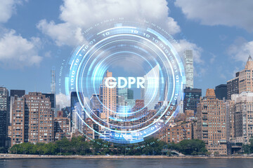 New York City skyline from Roosevelt Island over the East river towards skyscrapers of Midtown Manhattan, day time. GDPR hologram, concept of data protection, regulation, privacy for all individuals