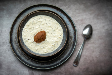 Kibbeh Labanieh, Kibbeh Balls In Yogurt.Cooked garlicky yogurt sauce with cut meat and dried mint.