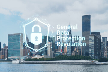 New York City skyline, United Nation headquarters over the East River, Manhattan, Midtown at day time, NYC, USA. GDPR hologram, concept of data protection, regulation and privacy for all individuals
