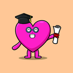 Cute cartoon lovely heart student character on graduation day with toga in concept 3d cartoon style