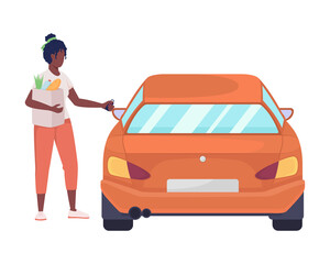 Woman with purchases opening car semi flat color vector character. Editable figure. Full body person on white. Shopping simple cartoon style illustration for web graphic design and animation