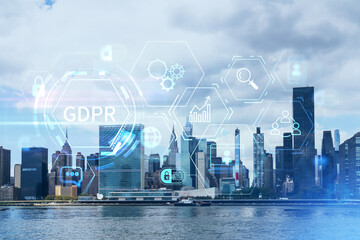 New York City skyline, United Nation headquarters over the East River, Manhattan, Midtown at day time, NYC, USA. GDPR hologram, concept of data protection, regulation and privacy for all individuals