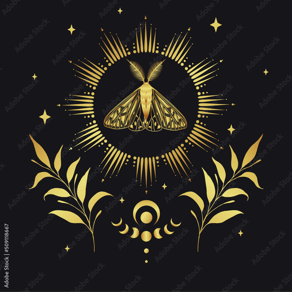 Wall mural Gold vector illustration of moon moth. For print for T-shirts and bags, decor element. Mystical and magical, astrology illustration