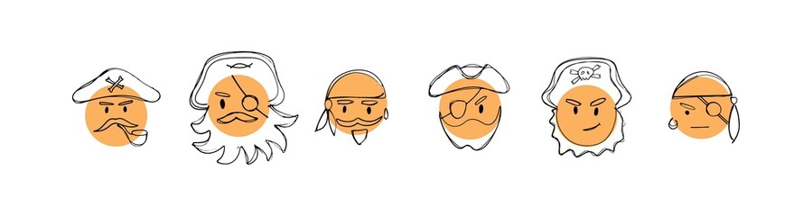 Doodle icon set pirate emoji. Hand drawn vector illustration