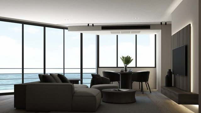 The interior design of the apartment in dark tones and minimal style. With dark wood materials and gray upholstered furniture with large windows and sheer curtains. living area 3d rendering