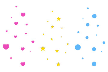 Hearts, stars and bubbles. Rising up vector elements set. Pink symbols of love, golden celestial bodies and round blue balloons. Isolated background. Flat style. Idea for web design.
