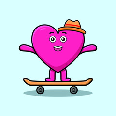 cute cartoon lovely heart standing on skateboard with cartoon vector illustration style