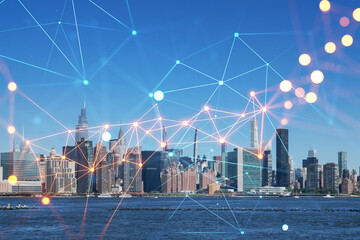 New York City skyline, United Nation headquarters over the East River, Manhattan, Midtown at day time, NYC, USA. Social media hologram. Concept of networking and establishing new people connections