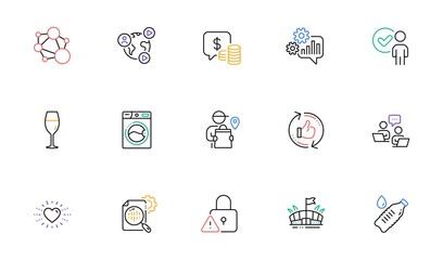 Refresh like, Wineglass and Teamwork line icons for website, printing. Collection of Lock, Integrity, Seo stats icons. Heart, Delivery man, Water bottle web elements. Washing machine. Vector