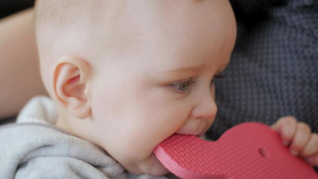 Portrait shot of baby boy looking in to the camera while chewing and tasting colourful piece of toy.