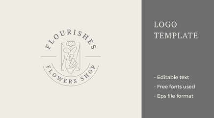 Antique human hand holding elegant spring flower geometric minimalist frame line logo vector
