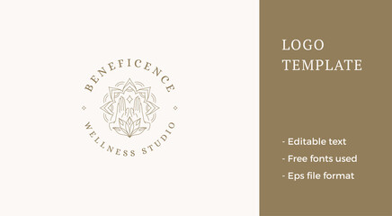 Magic human palms lotus relax meditation minimalist line art logo vector illustration