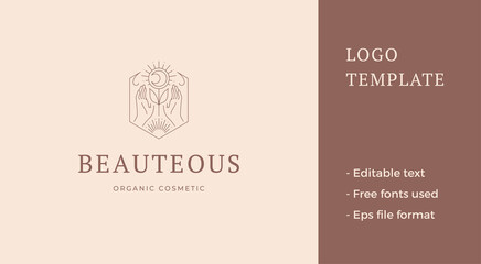 Fototapeta premium Meditative human hands esoteric blossom half moon sun flower geometric frame design line logo vector