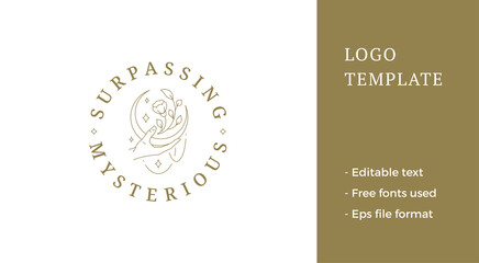 Gorgeous human hand holding half moon with stars and natural botanical flower line logo vector