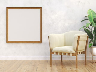 Mock up poster frames with armchair and big plant in modern interior