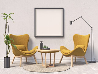 Mock up poster frames with two brown armchairs in modern interior background 3D render 3D illustration