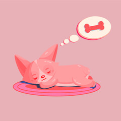 A pink corgi puppy sleeps and dreams about a bone, pink background