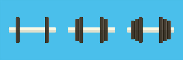 Dumbbell and weight for sport and bodybuilding for fitness and health. Gym and exercises for strength and muscle. Training and equipment for health and sports. Isolated design. Vector