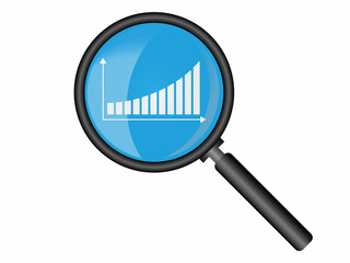 Business graph and statistics, finance chart through magnifier and glass. Chart magnification icon and report and research growth finance symbol. Search statistics and finance. Vector