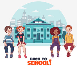 Funny kids with whiteboard. Cute, smiling boys and girls. Back to school vector concept