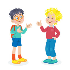 Two funny boys stand and talk. In cartoon style. Isolated on white background.  Vector flat illustration.