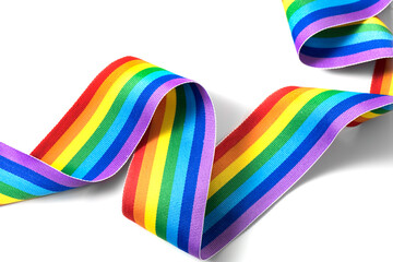 Colorful rainbow ribbon border design. LGBT colourful corner design, isolated on white background. Gay pride design. Curly, waving ribbon or banner with flag of LGBTQ pride art