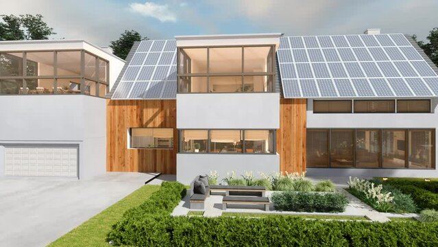 Modern Villa With Solar Panels On The Roof And Patio With Seats