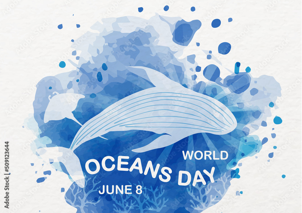 Aufkleber card and poster of world ocean day with the day and name of event on the scene of under ocean in wat