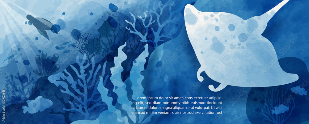 Aufkleber stingray with the scene of under ocean in watercolor style, example texts on white paper pattern bac